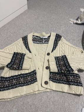 Zara Cream Cable Cardigan with Multicolor Fair Isle Bands